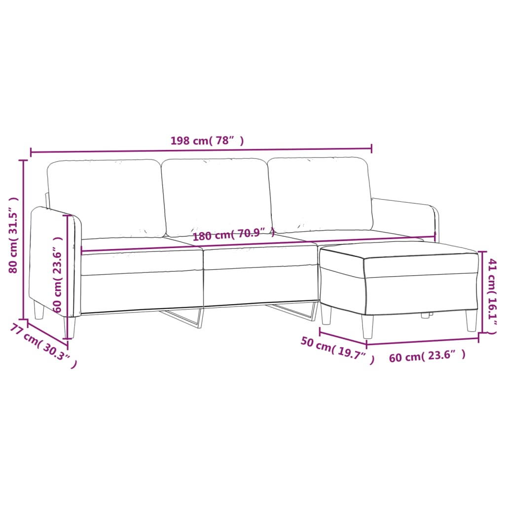 Sofá de 3 plazas con taburete de tela gris claro 180 cm vidaXL