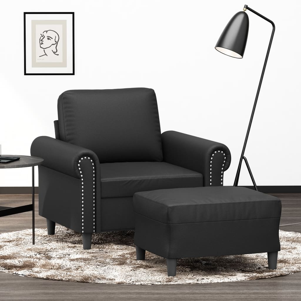 Vetonek Sillón con taburete cuero sintético negro 60 cm