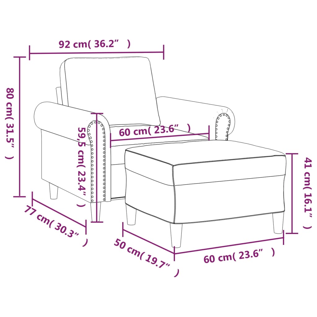 Sillón con taburete cuero sintético negro 60 cm vidaXL