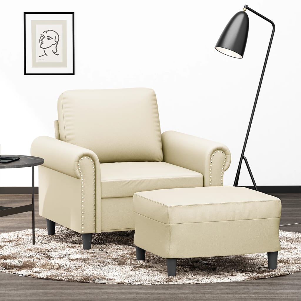 Vetonek Sillón con taburete cuero sintético color crema 60 cm