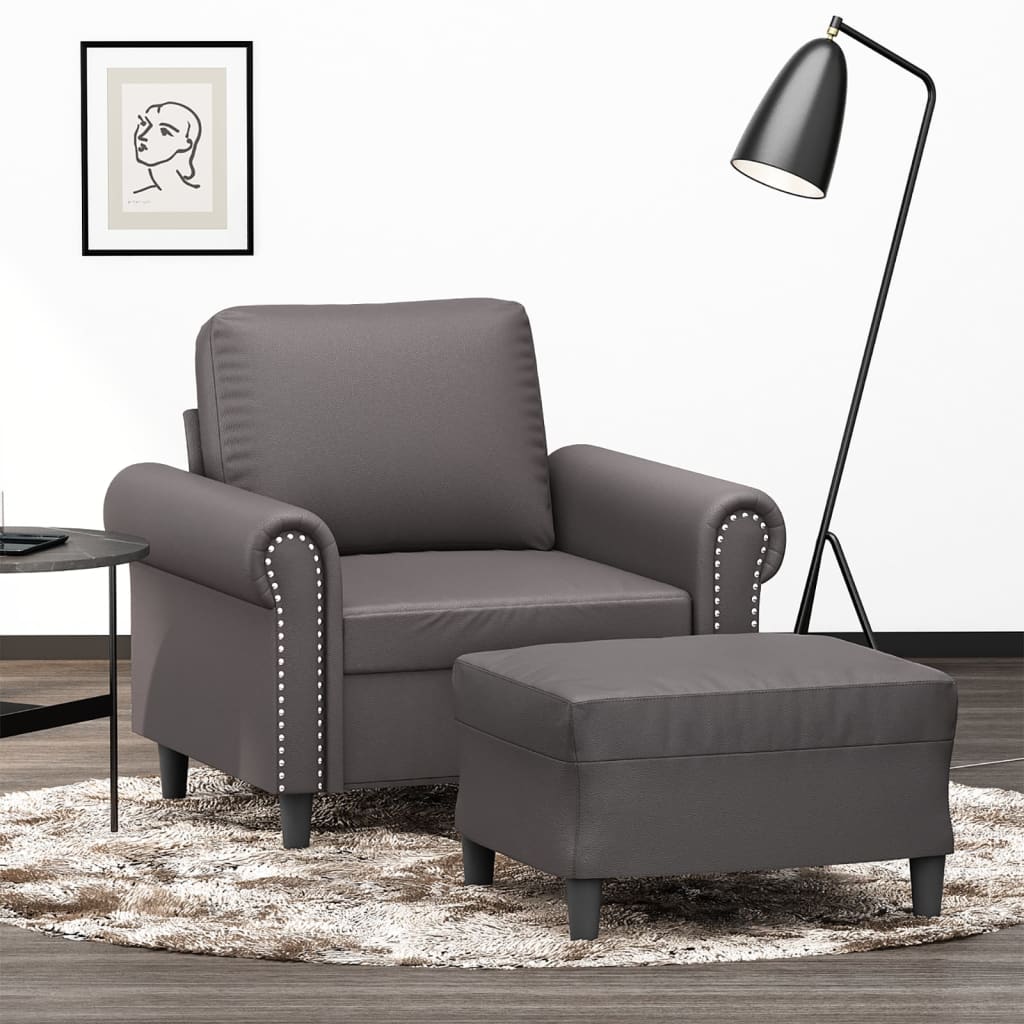 Vetonek Sillón con taburete cuero sintético gris 60 cm