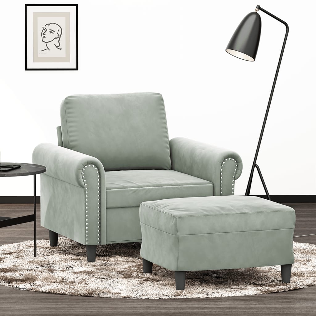 Vetonek Sillón con taburete terciopelo gris claro 60 cm