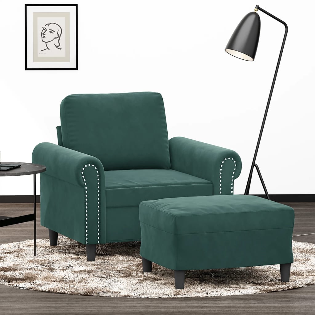 Vetonek Sillón con taburete terciopelo verde oscuro 60 cm