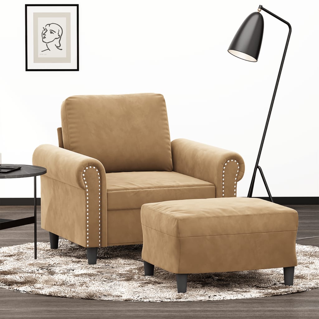 Vetonek Sillón con taburete terciopelo marrón 60 cm