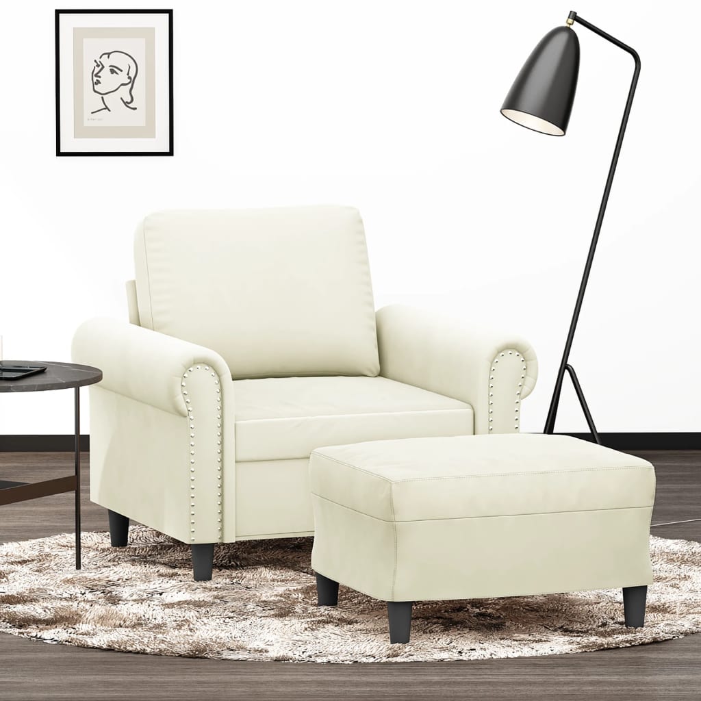 Vetonek Sillón con taburete terciopelo crema 60 cm