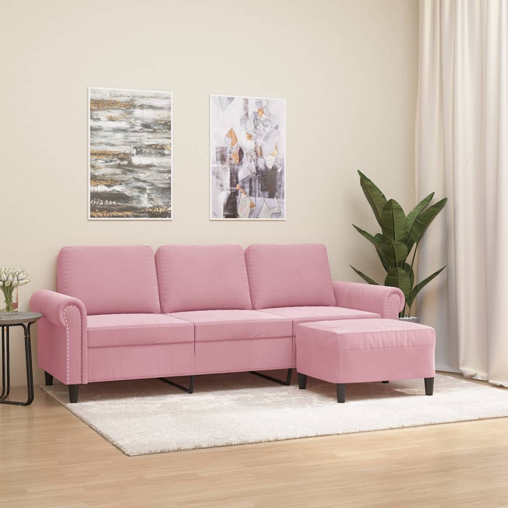 Vetonek Sofá de 3 plazas con taburete de terciopelo rosa180 cm