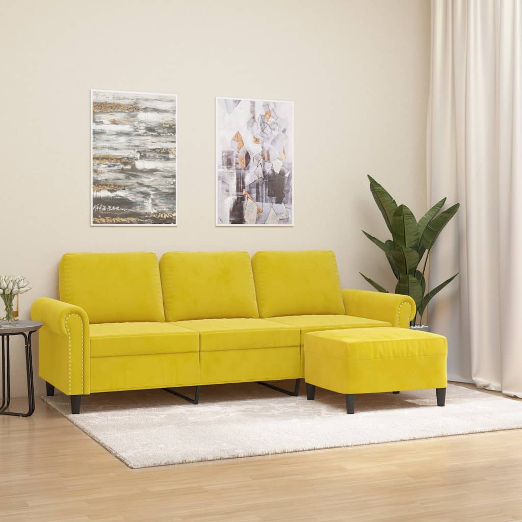 Vetonek Sofá de 3 plazas con taburete terciopelo amarillo 180 cm