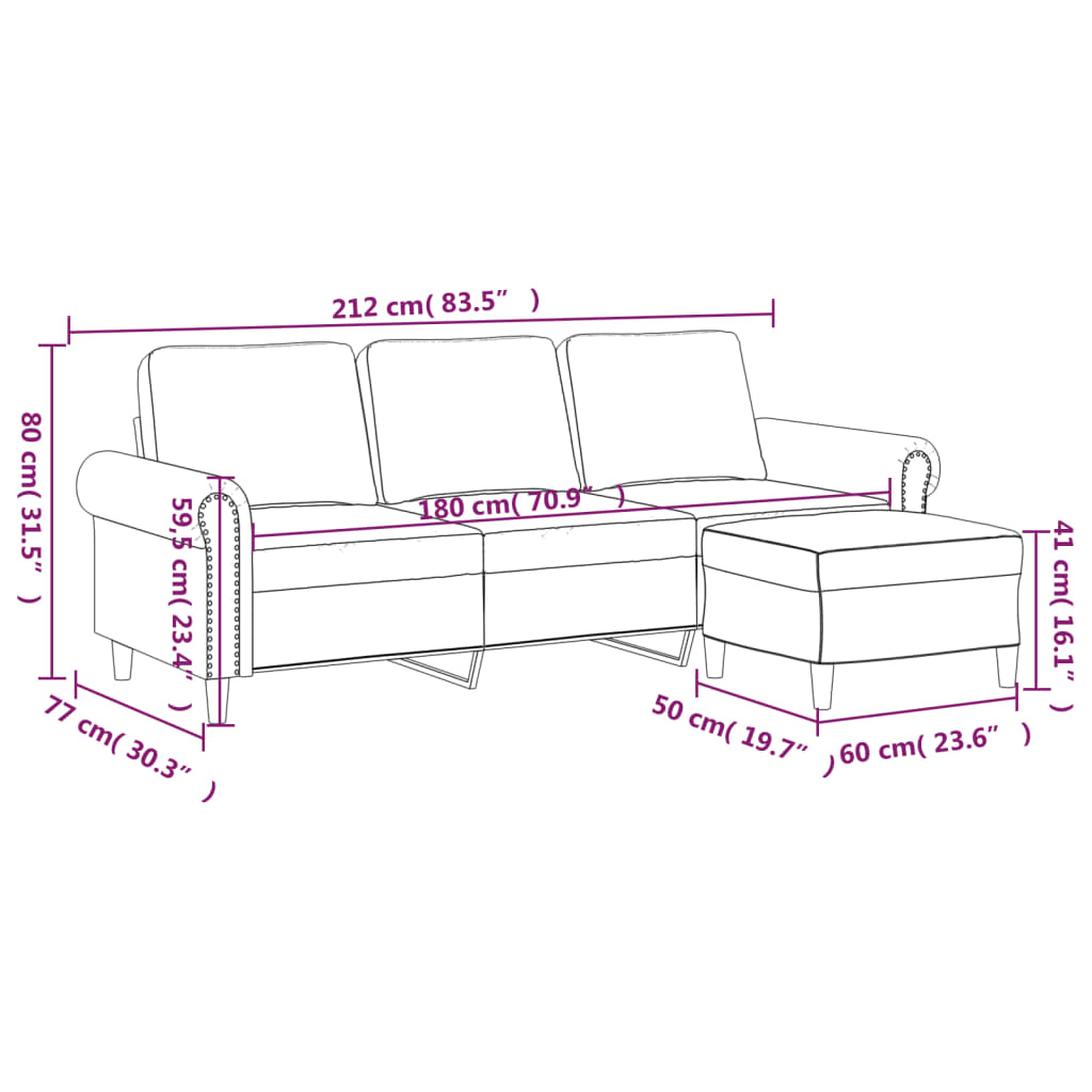 Sofá de 3 plazas con taburete de terciopelo crema 180 cm vidaXL