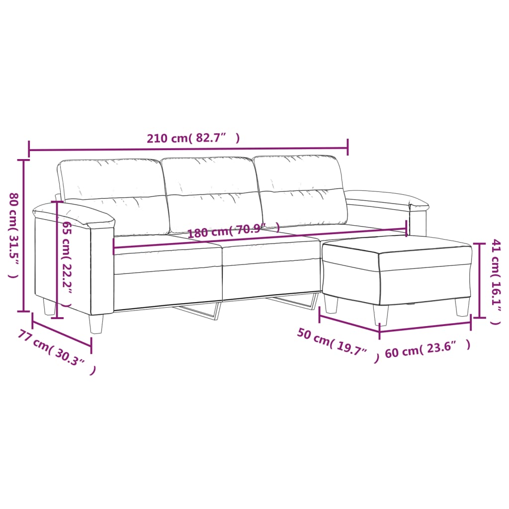 Sofá de 3 plazas y taburete tela microfibra crema 180 cm vidaXL