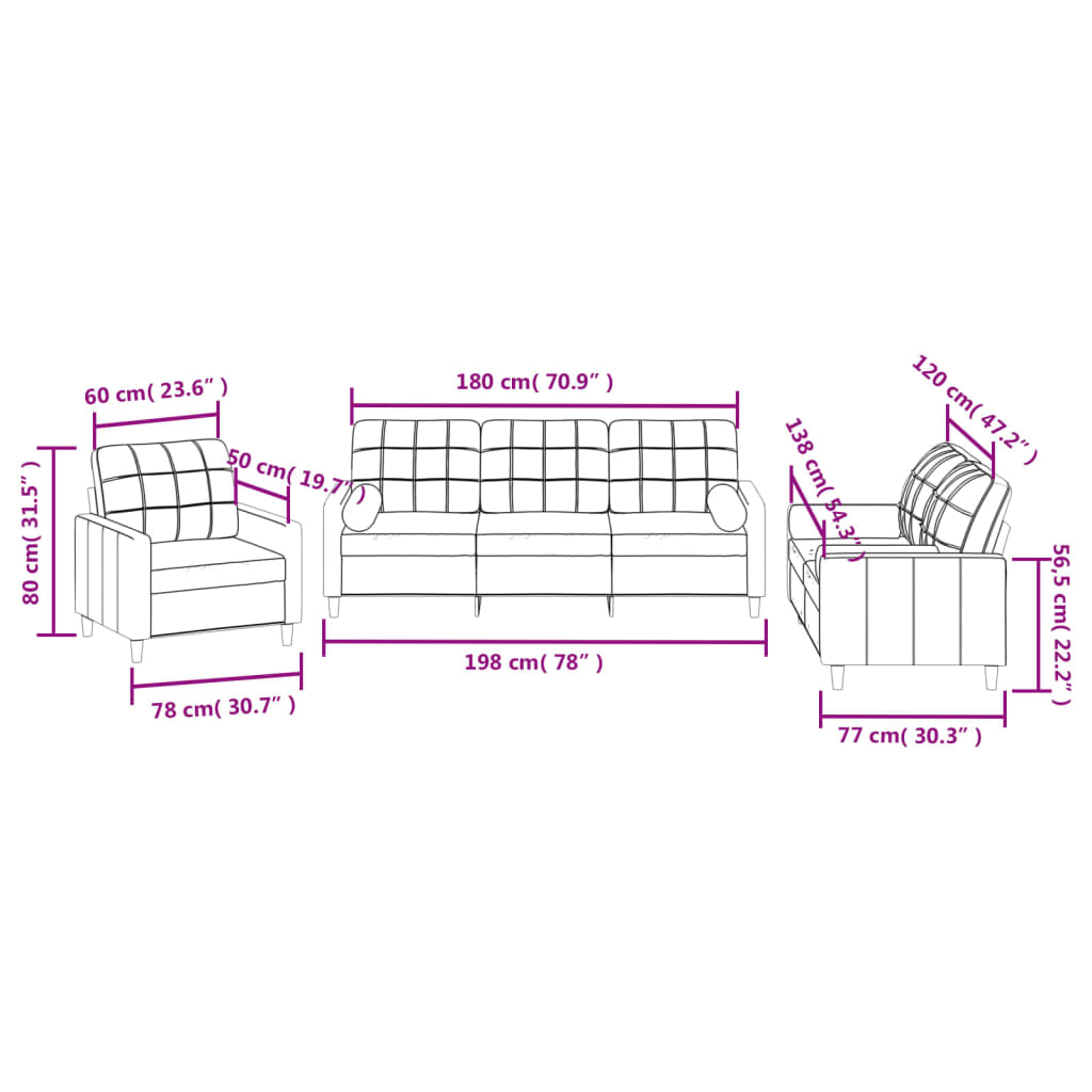 Sofas game with cushions 3 pieces brown fabric