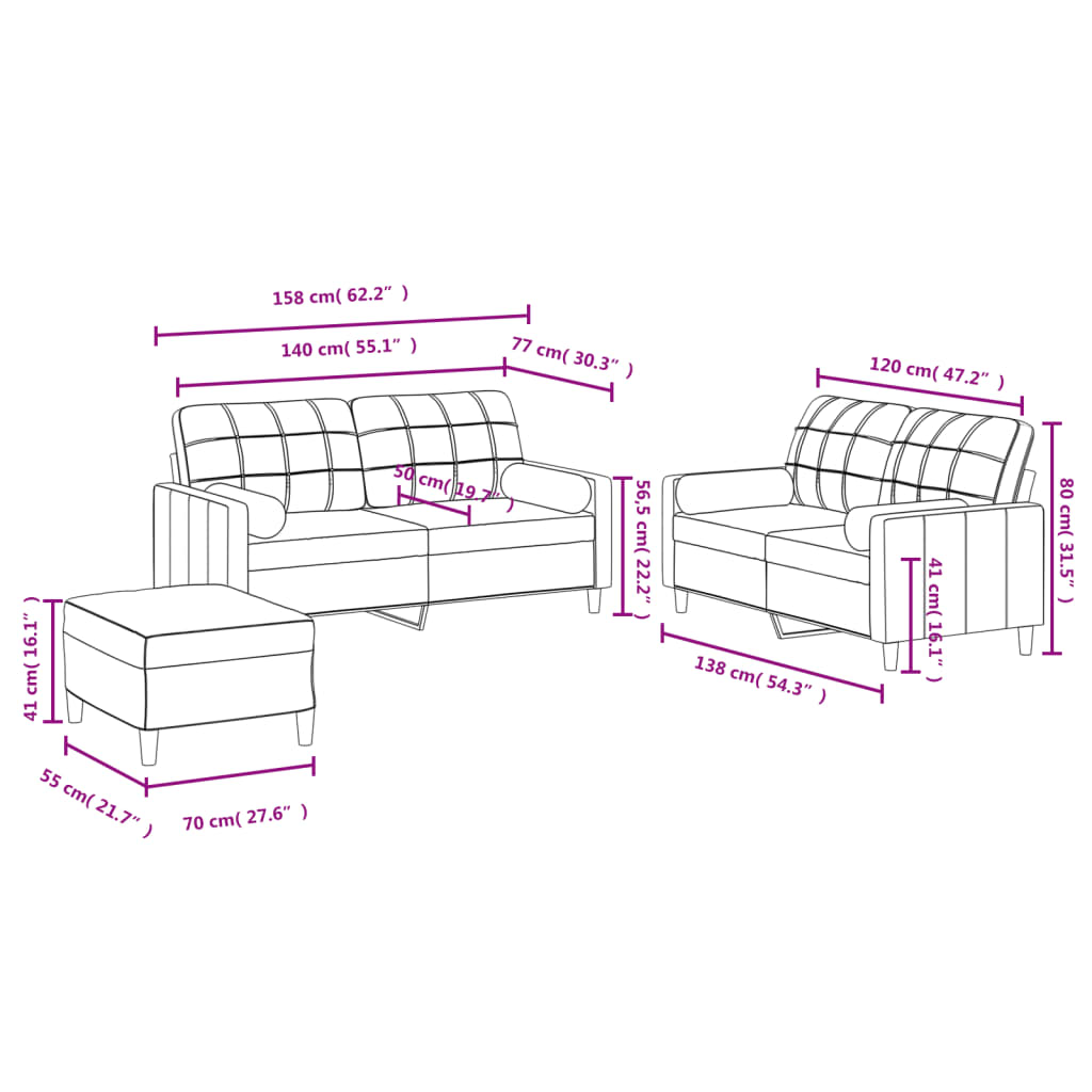 Sofas game with cushions 3 pieces Gray taupe fabric