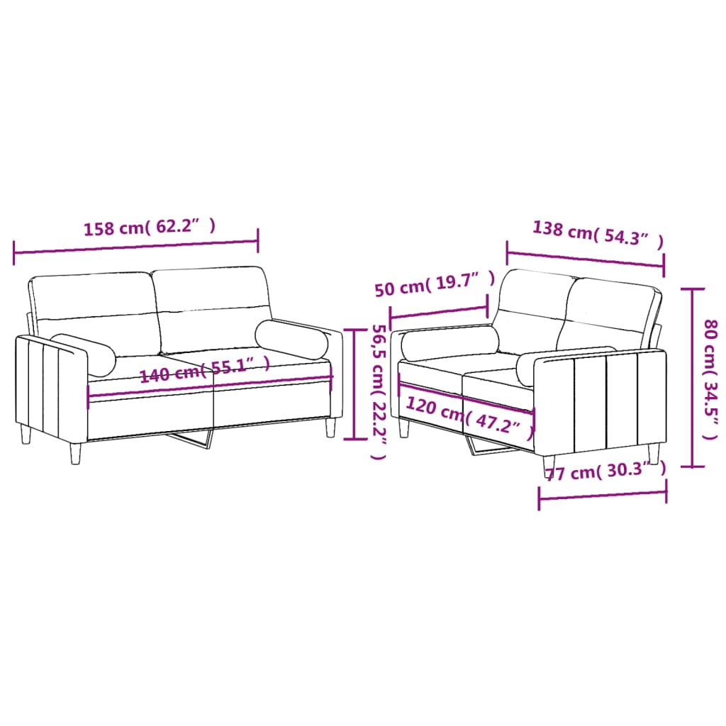 Sofas game with cushions 2 pieces light gray fabric