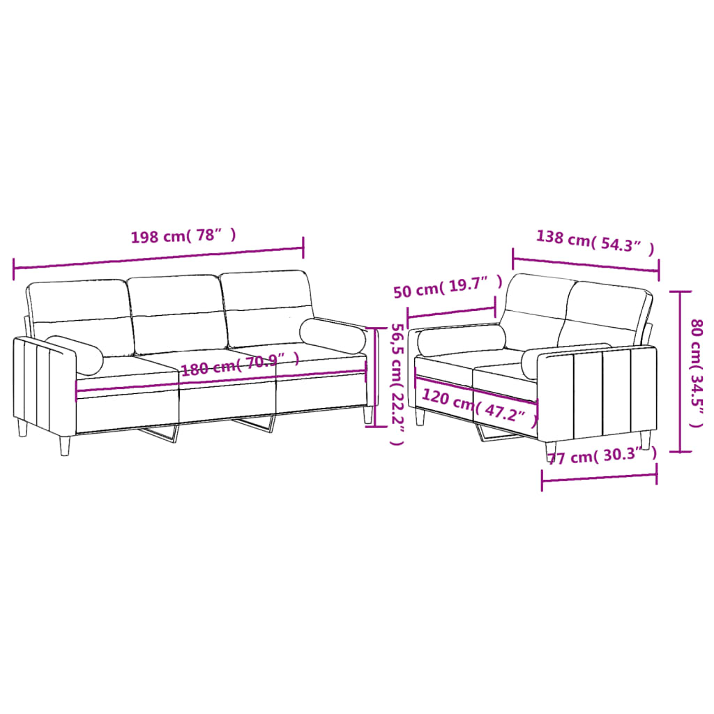 Sofas game with cushions 2 pieces light gray fabric