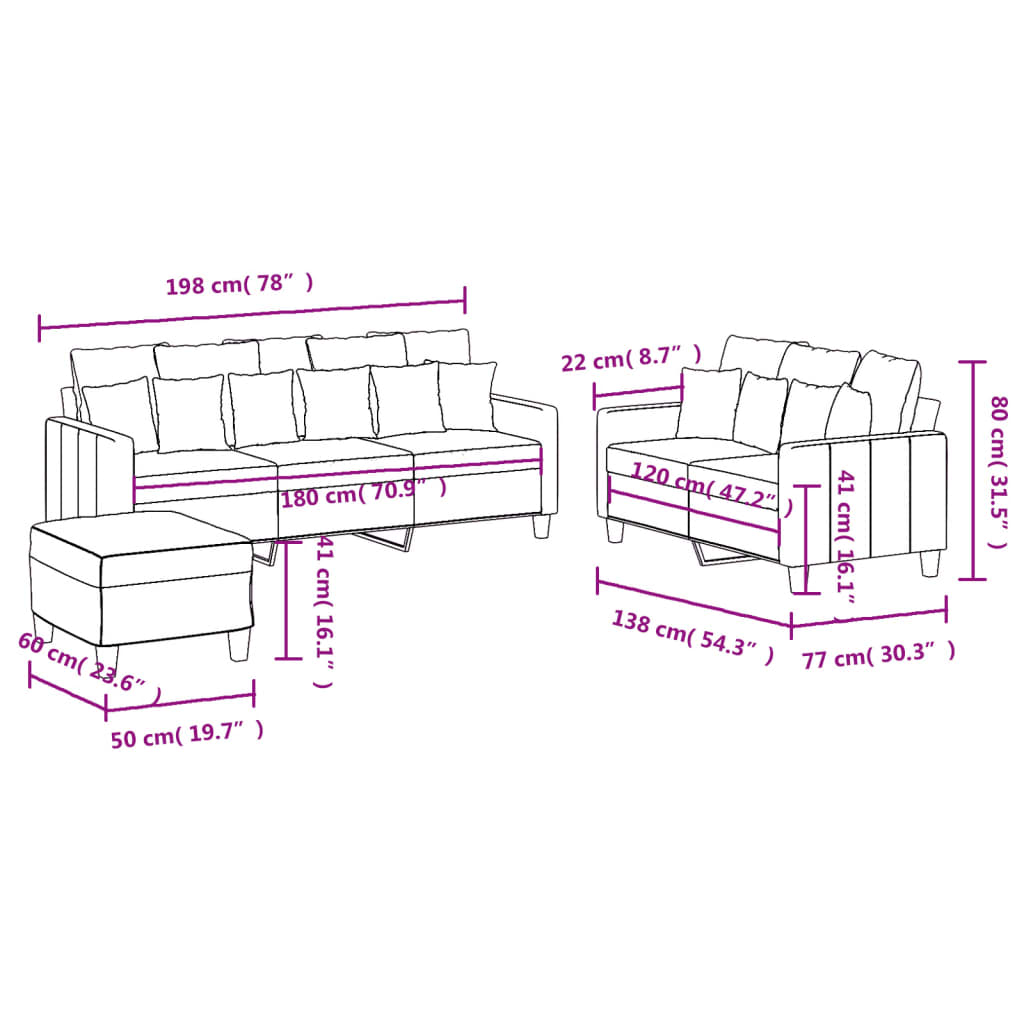 Sofas game with cushions 3 pieces brown fabric