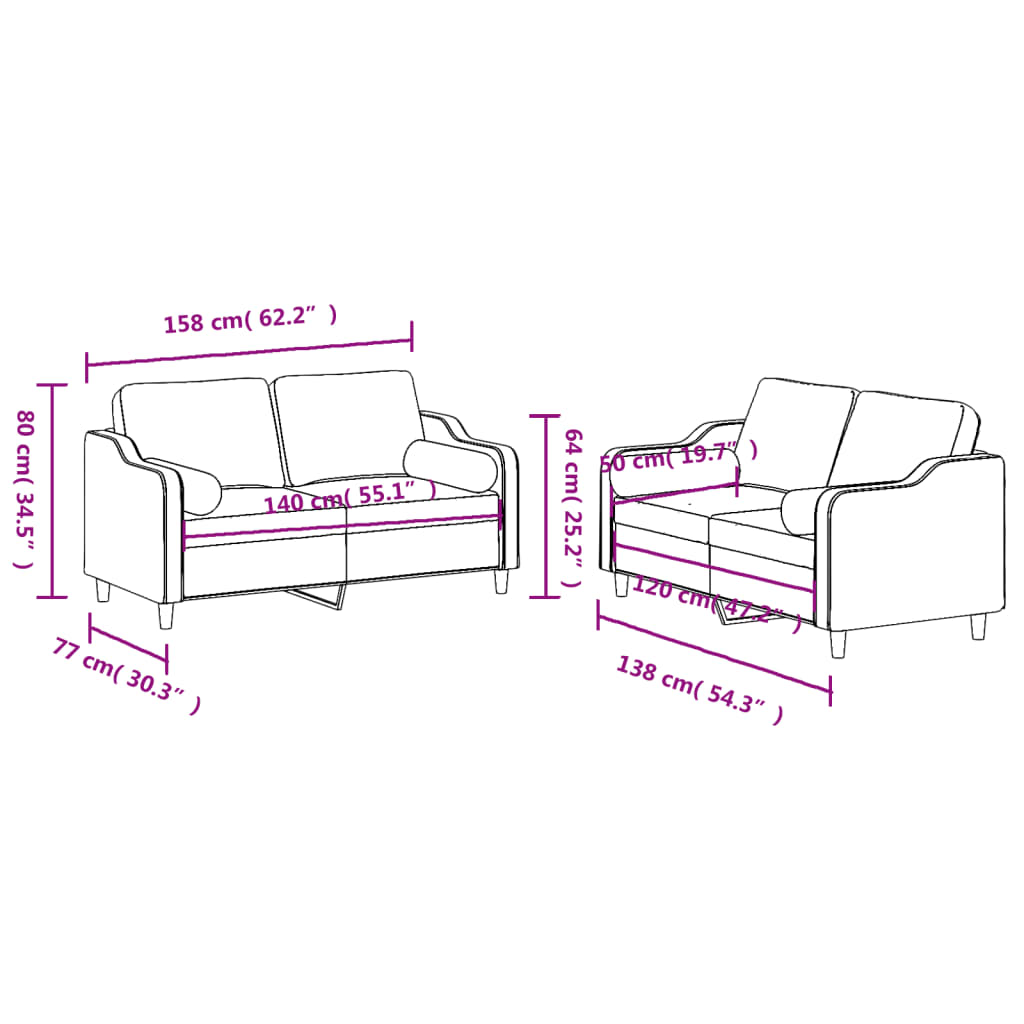 Sofas game with cushions 2 pieces cream fabric