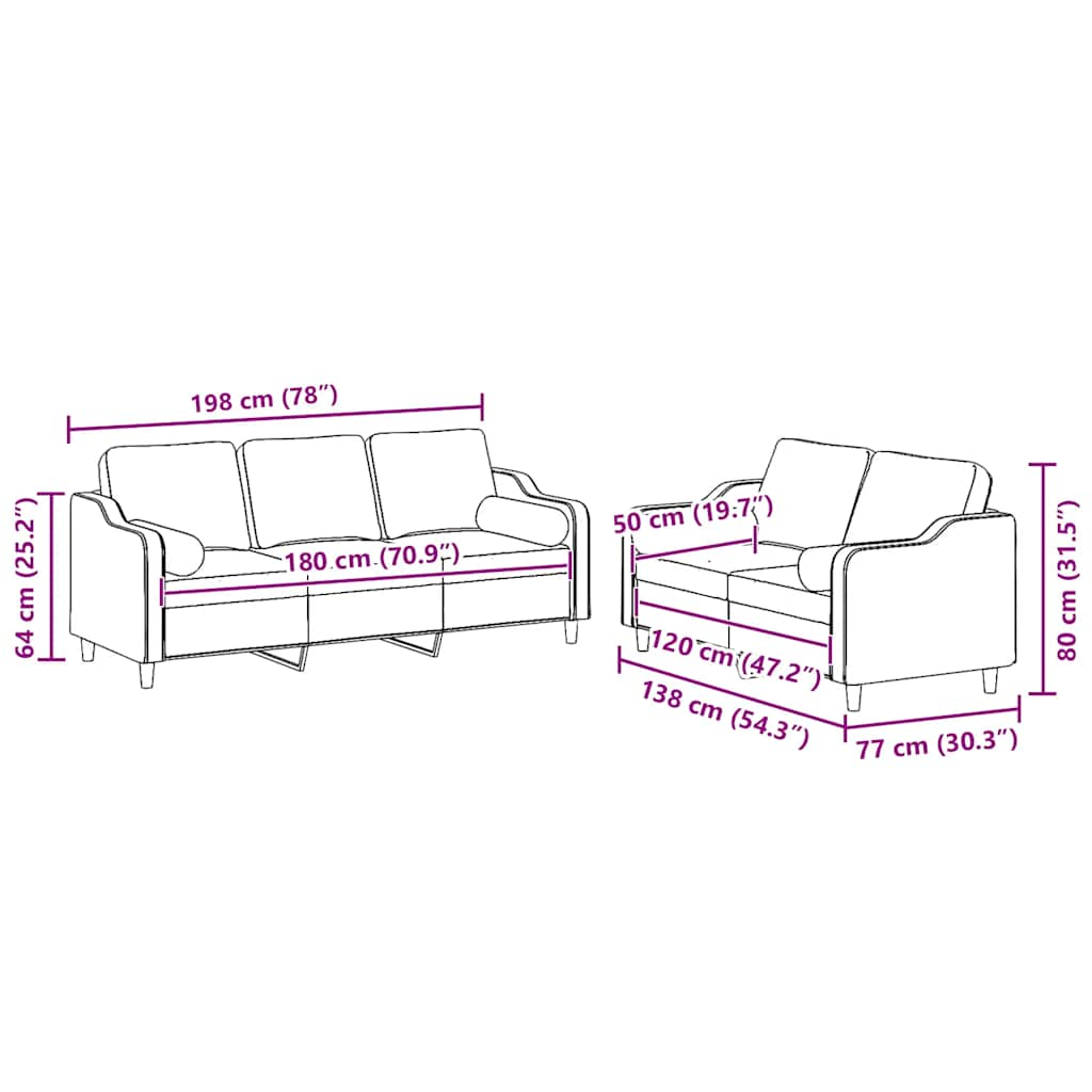 Sofas game with cushions 2 pieces light yellow fabric