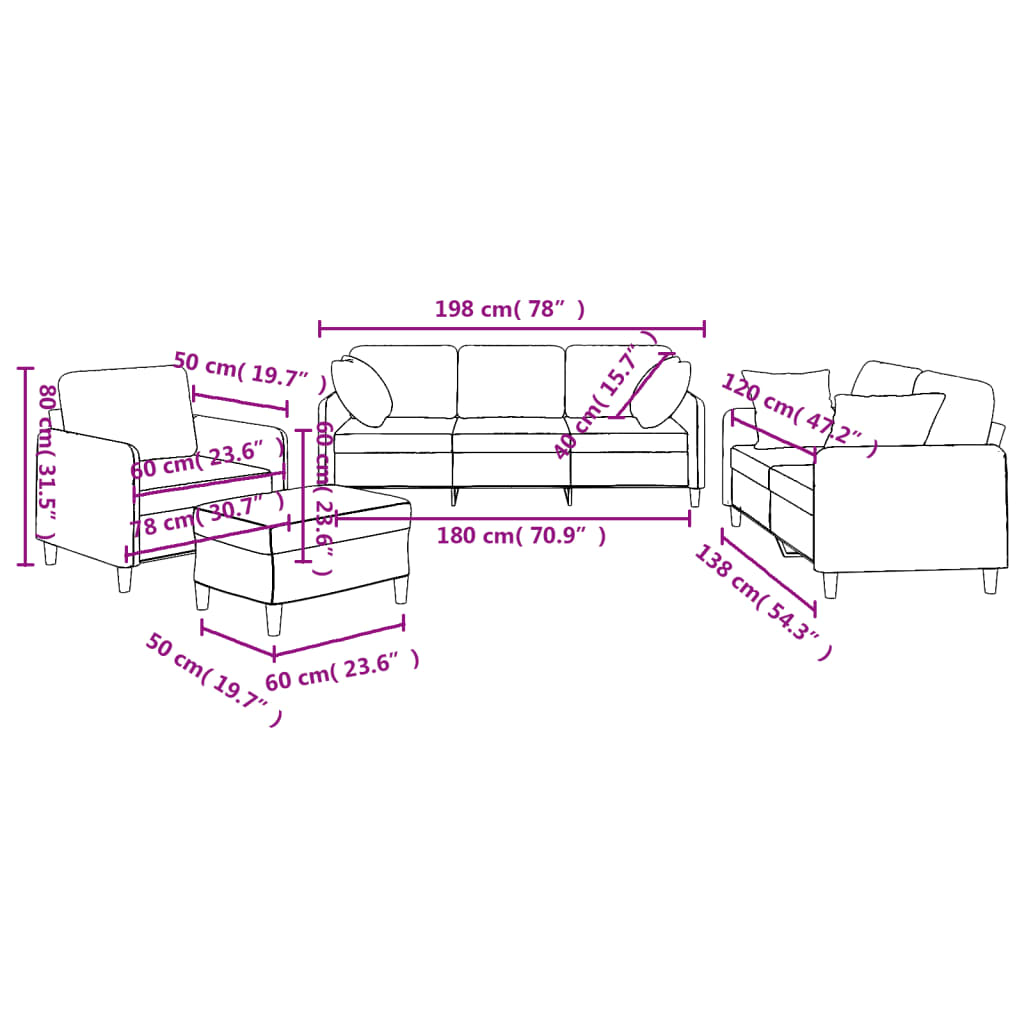 Sofas game with 4 pieces black fabric