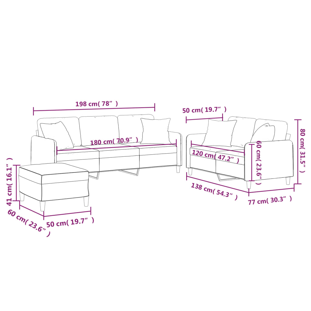 Sofas game with cushions 3 pieces brown fabric