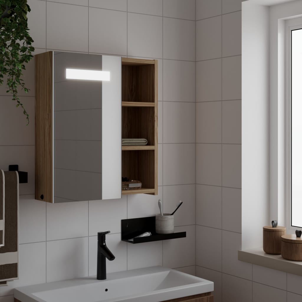 Vetonek Mueble de baño con espejo y luz LED roble 45x13x52 cm