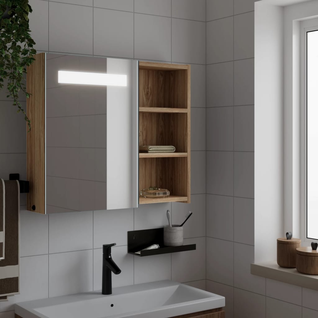 Vetonek Mueble de baño con espejo y luz LED roble 60x13x52 cm