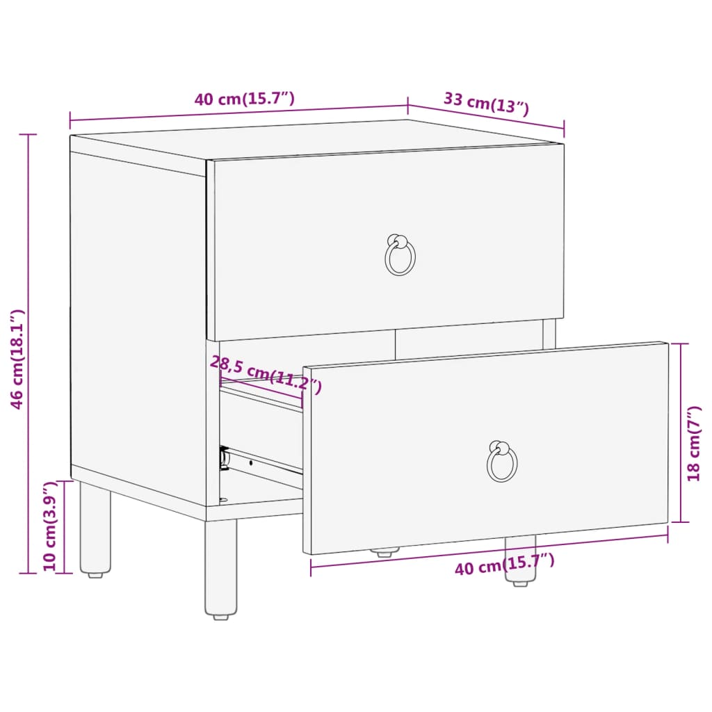 Mesita de noche de madera maciza de mango 40x33x46 cm