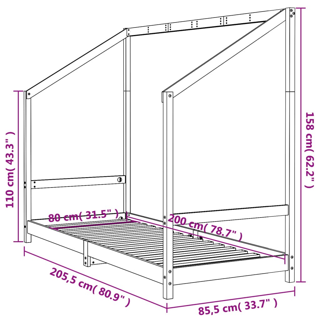 Black pine wood bed structure 80x200 cm