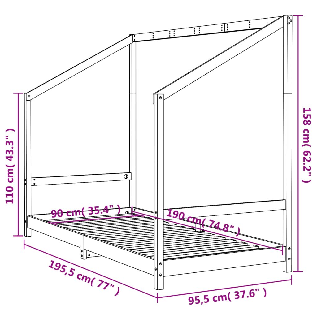 BLACK PINE WOOD BED STRUCTURE 90x190 cm