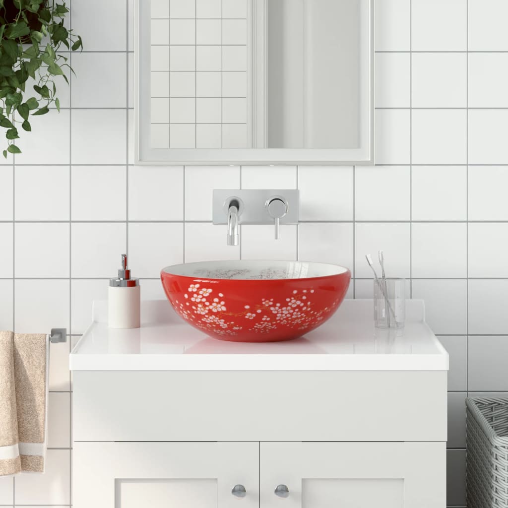 Vetonek Lavabo sobre encimera redondo cerámica blanco y rojo Φ41x14 cm