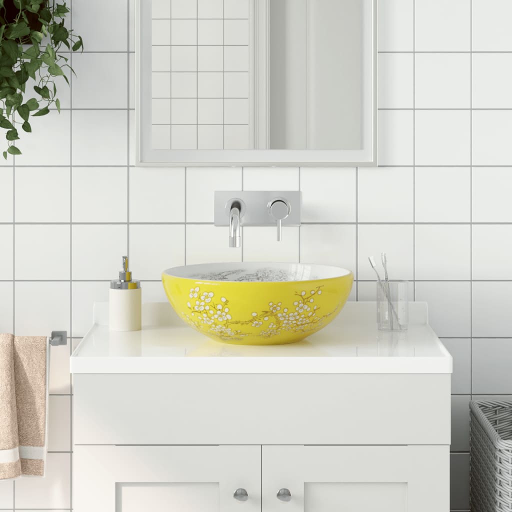 Vetonek Lavabo sobre encimera redondo cerámica blanco amarillo Φ41x14cm