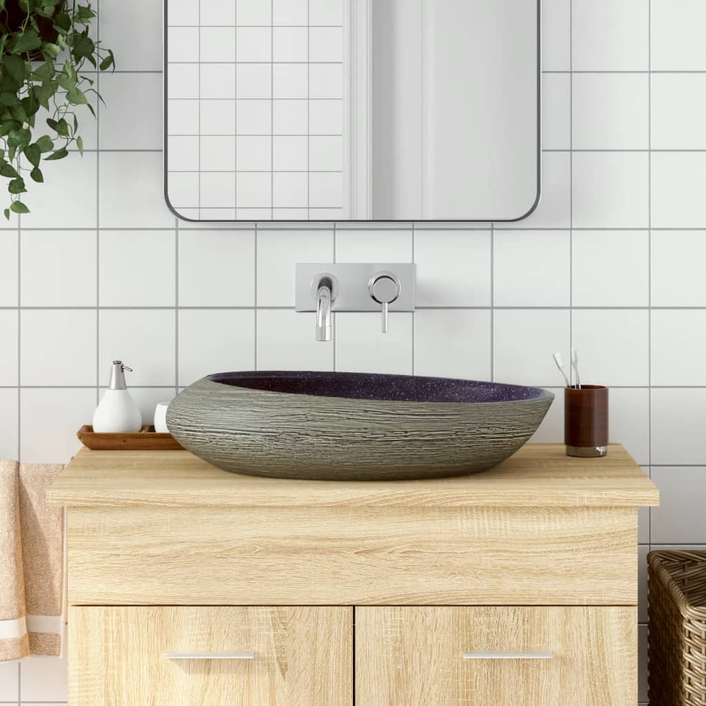 Vetonek Lavabo sobre encimera ovalado cerámica morado gris 59x40x14 cm