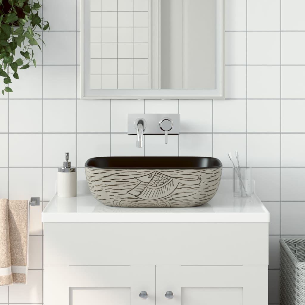 Vetonek Lavabo encimera rectangular cerámica gris negro 48x37,5x13,5 cm