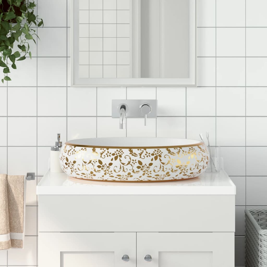 Vetonek Lavabo sobre encimera ovalado cerámica blanco dorado 59x40x15cm