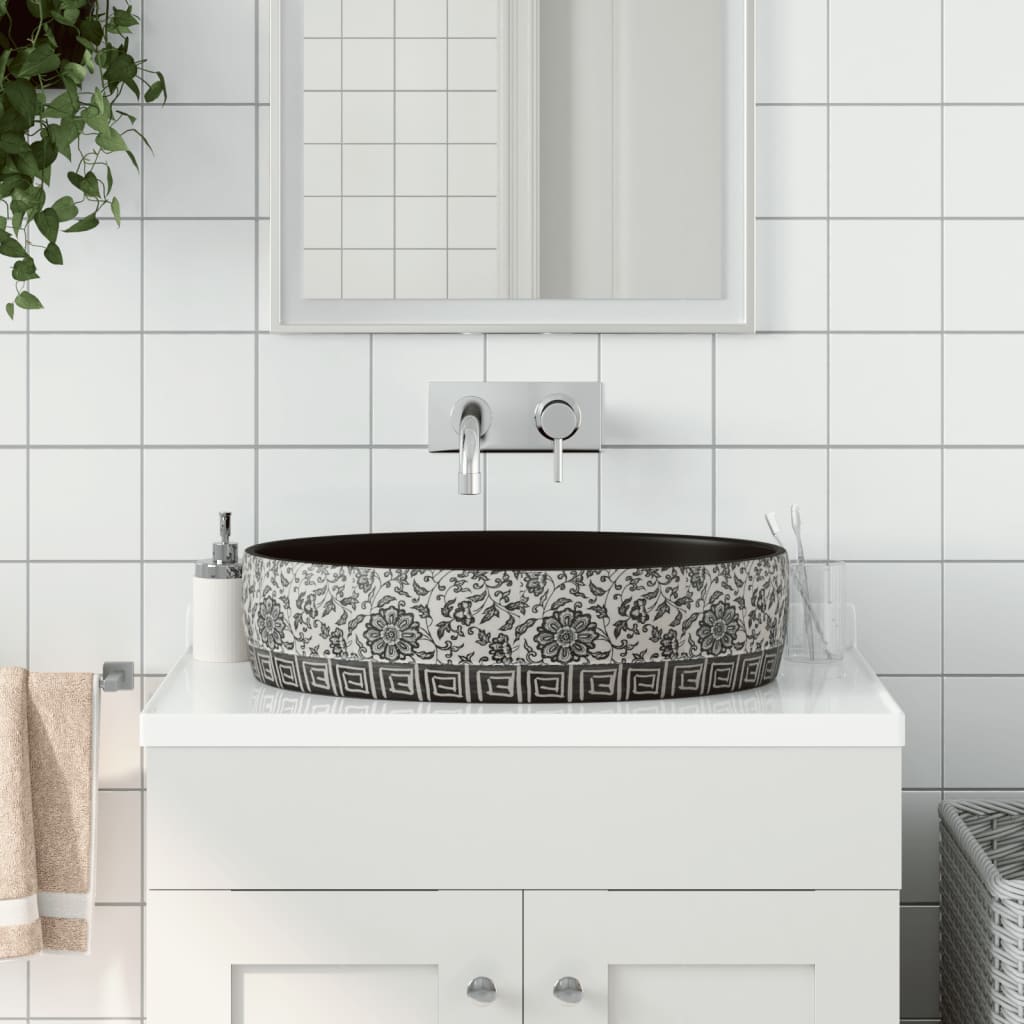 Vetonek Lavabo de encimera ovalado cerámica negro azul 56,5x36,5x13,5cm