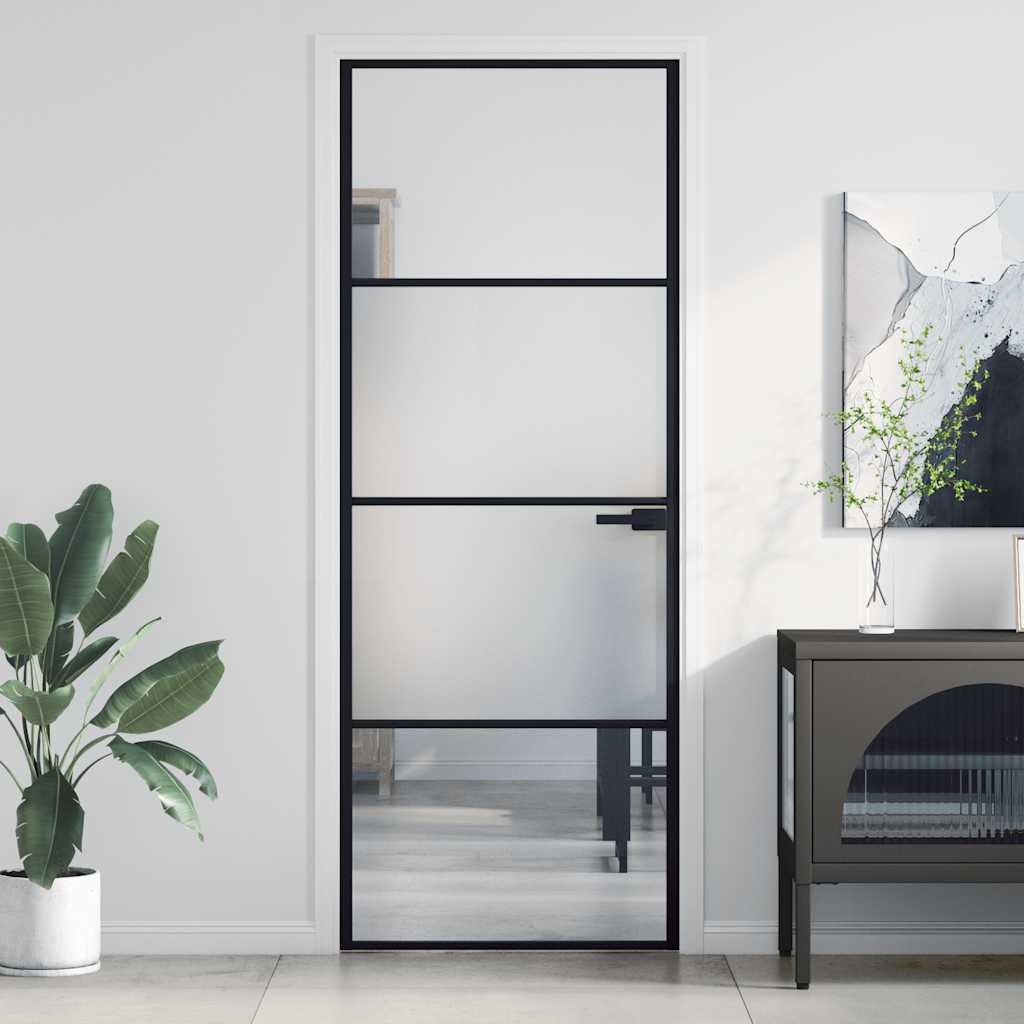Puerta Interior Delgada Negra Vidrio Templado y Aluminio 76x201,5 cm