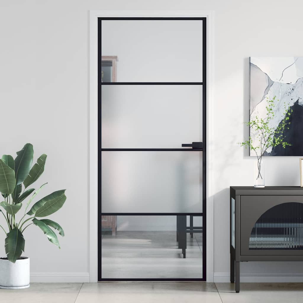 Puerta Interior Delgada Negra Vidrio Templado y Aluminio 83x201,5 cm