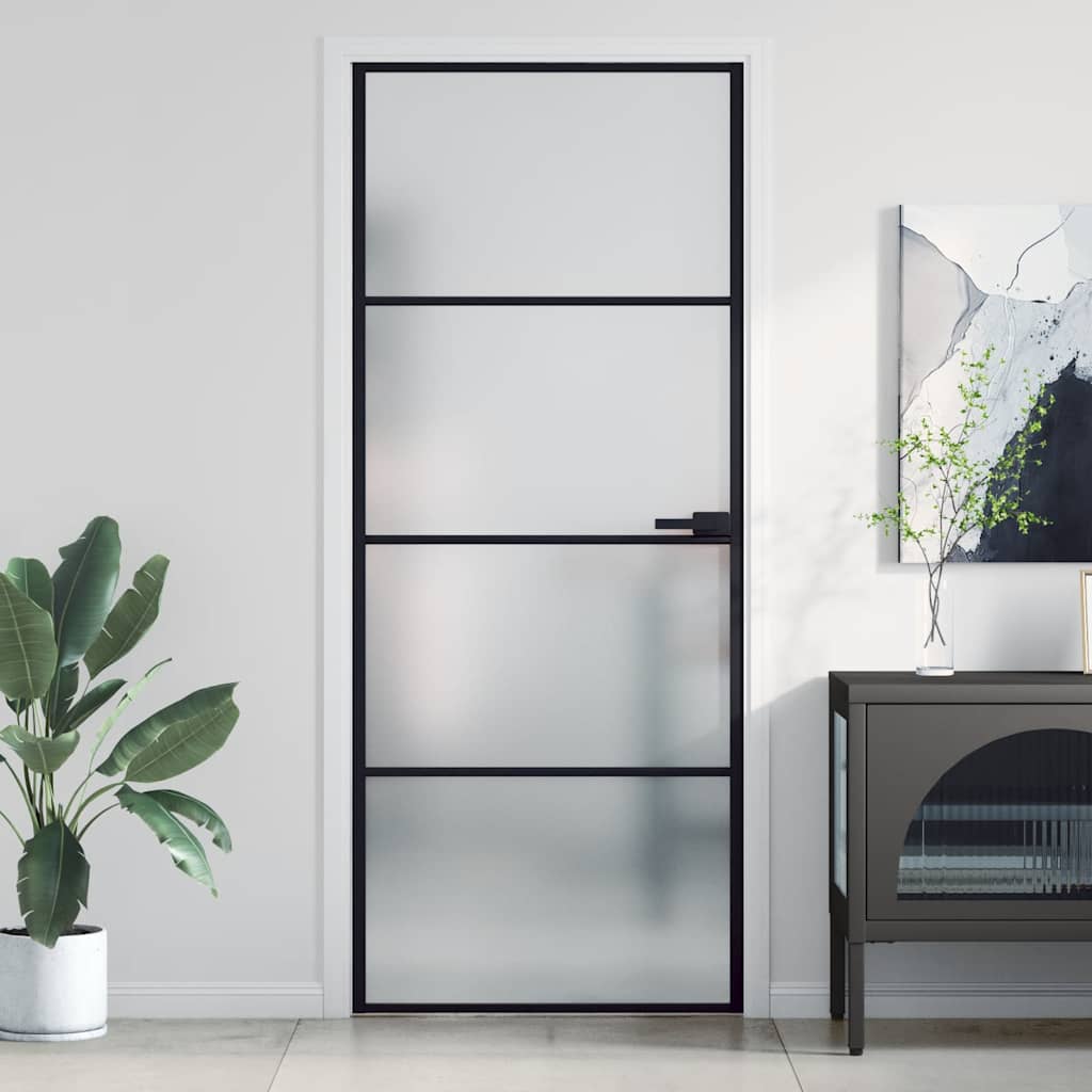 Puerta Interior Delgada Negra Vidrio Templado y Aluminio 83x201,5 cm
