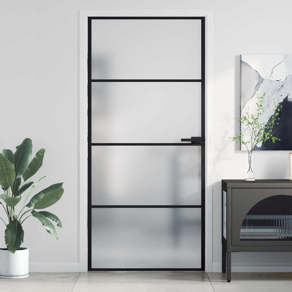 Puerta Interior Delgada Negra Vidrio Templado y Aluminio 93x201,5 cm