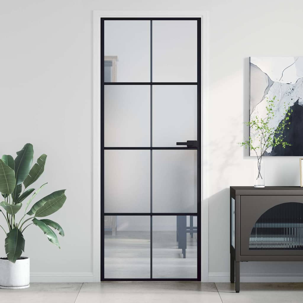 Puerta Interior Delgada Negra Vidrio Templado y Aluminio 76x201,5 cm