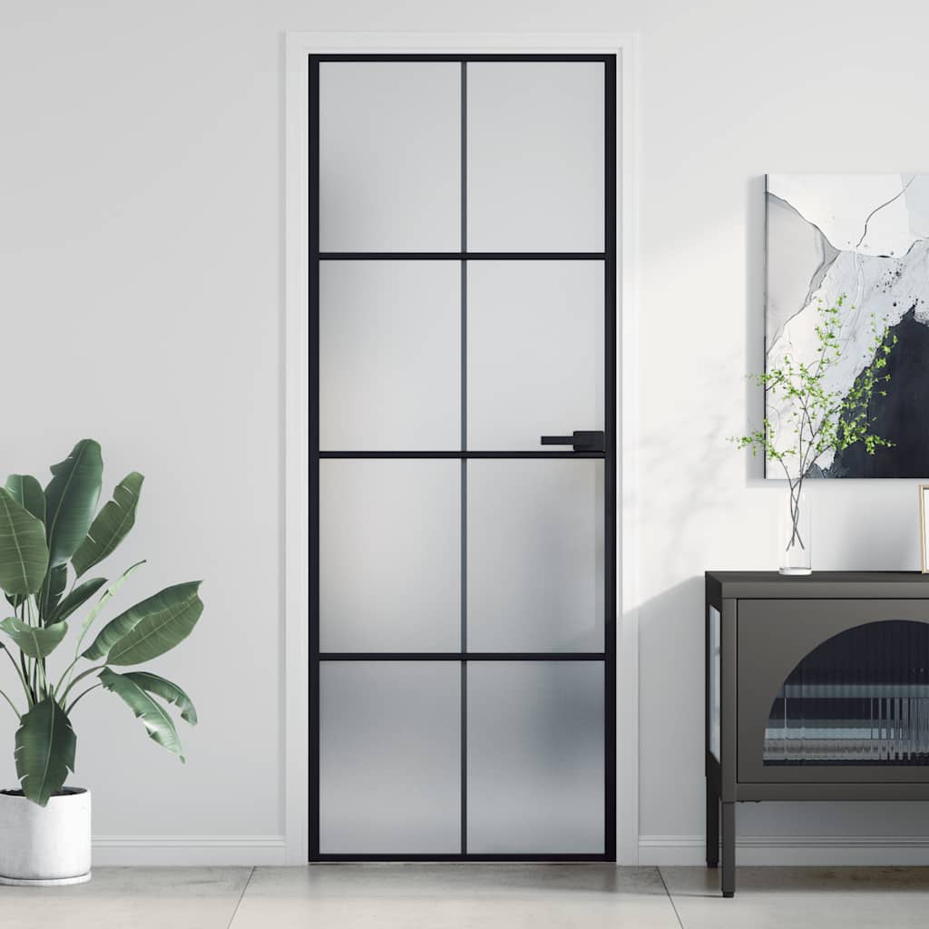 Puerta Interior Delgada Negra Vidrio Templado y Aluminio 76x201,5 cm
