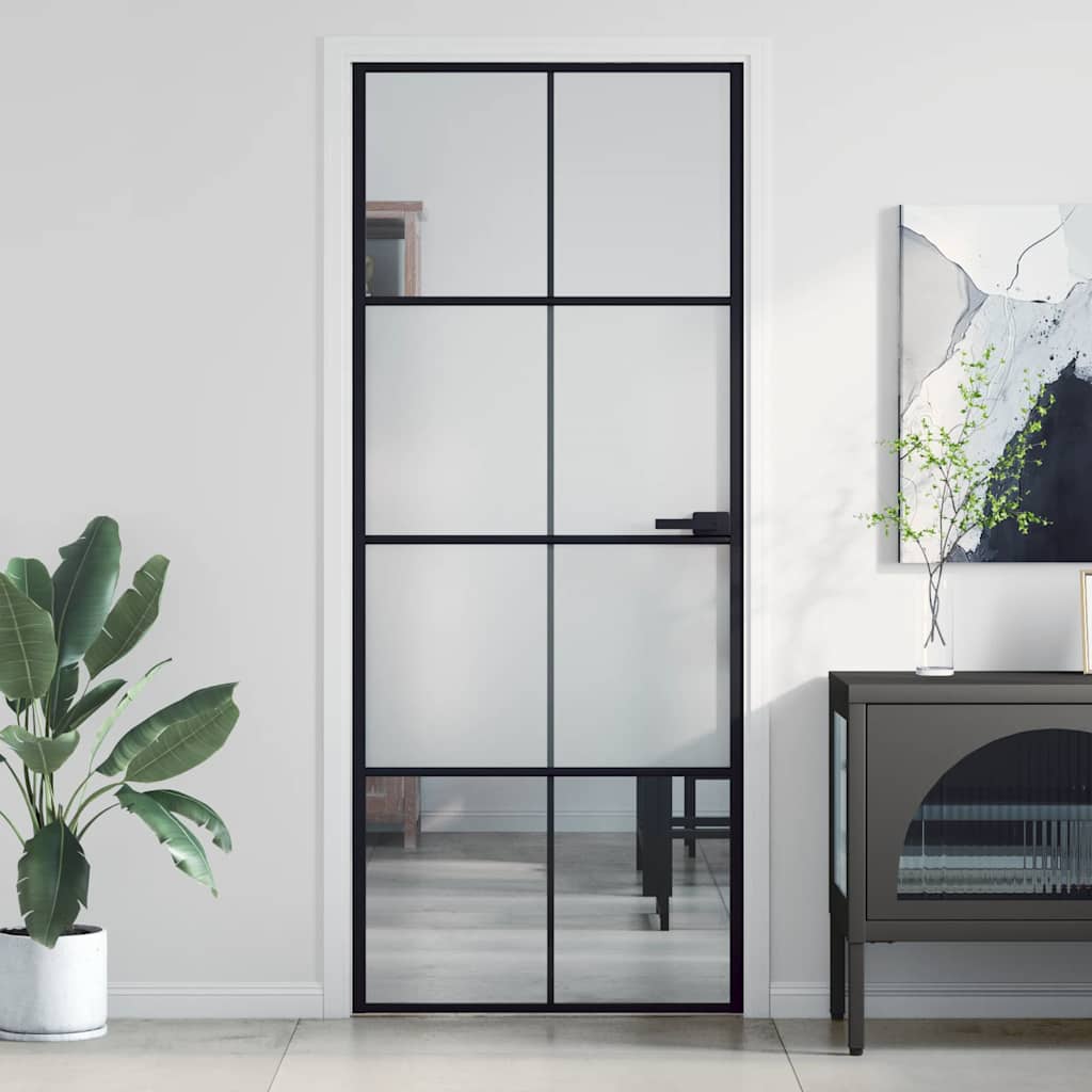 Puerta Interior Delgada Negra Vidrio Templado y Aluminio 83x201,5 cm