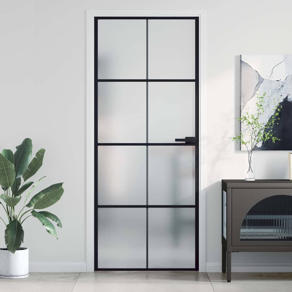 Puerta Interior Delgada Negra Vidrio Templado y Aluminio 83x201,5 cm
