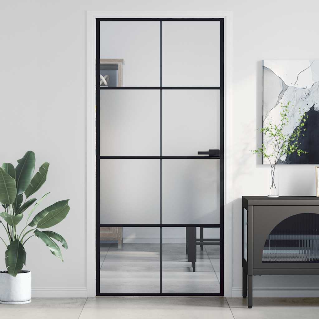 Puerta Interior Delgada Negra Vidrio Templado y Aluminio 93x201,5 cm