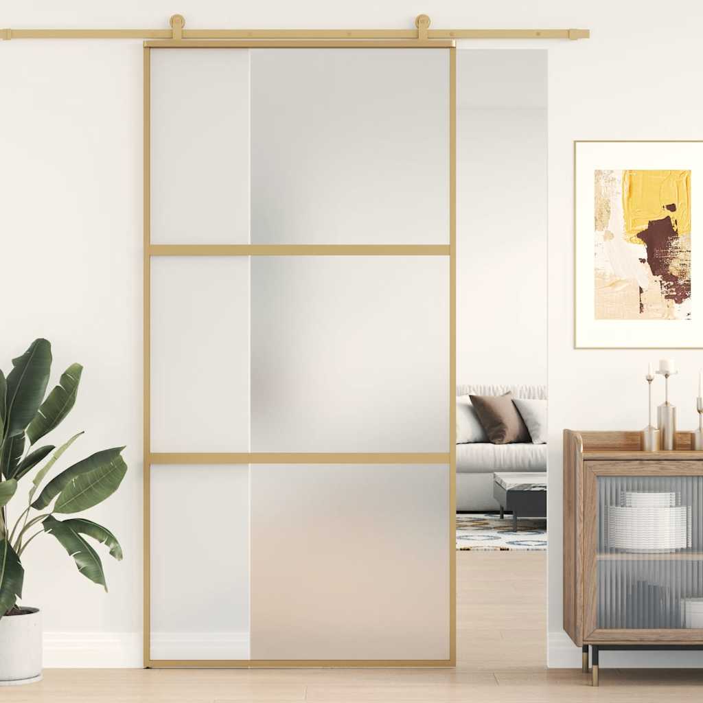 Gold sliding door made of frosted ESG glass and aluminum 