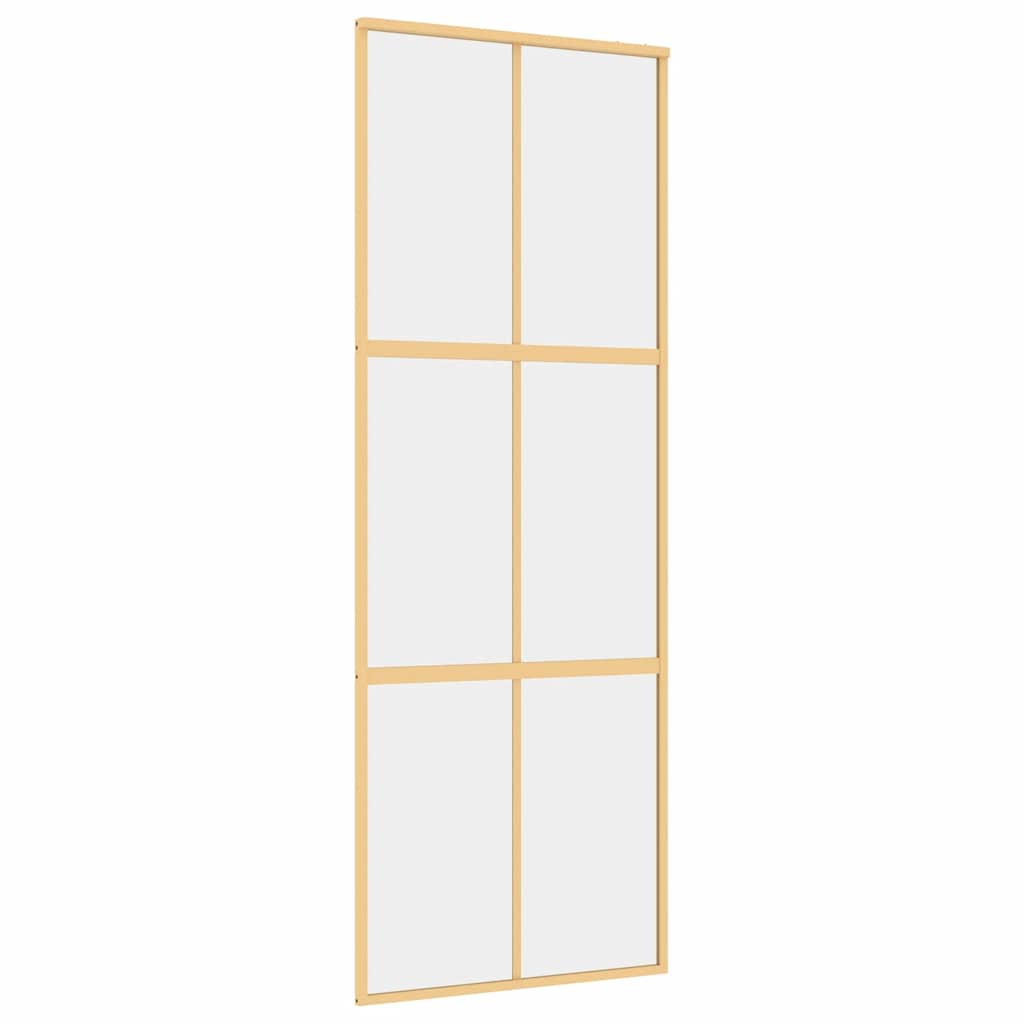 Golden sliding door made of transparent ESG glass and aluminum 