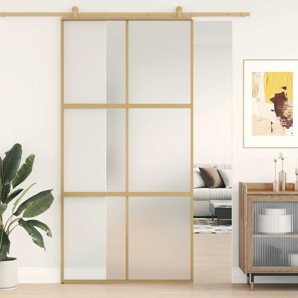 Golden sliding door made of frosted ESG glass and aluminum 