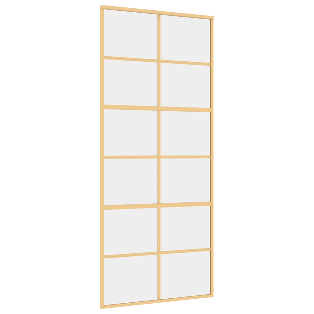 Golden sliding door made of transparent ESG glass and aluminum 