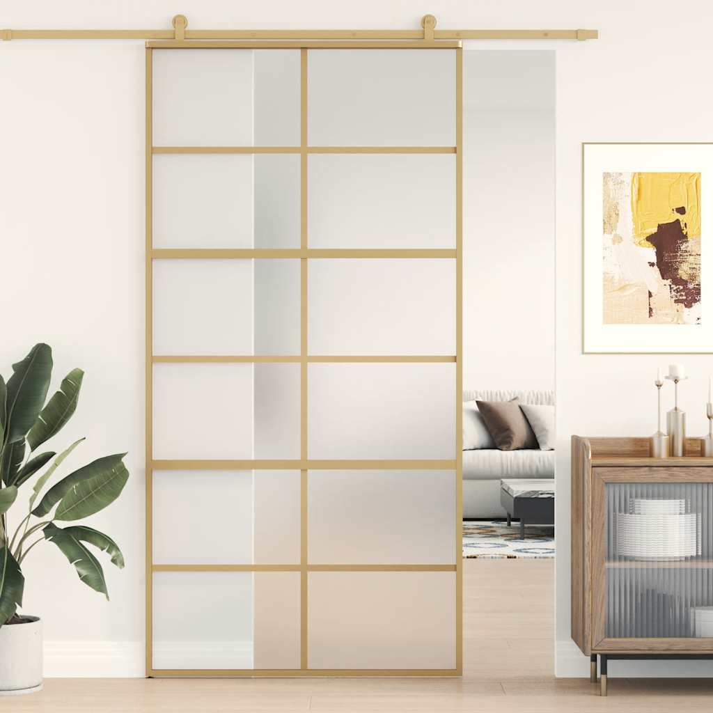 Golden sliding door made of frosted ESG glass and aluminum 