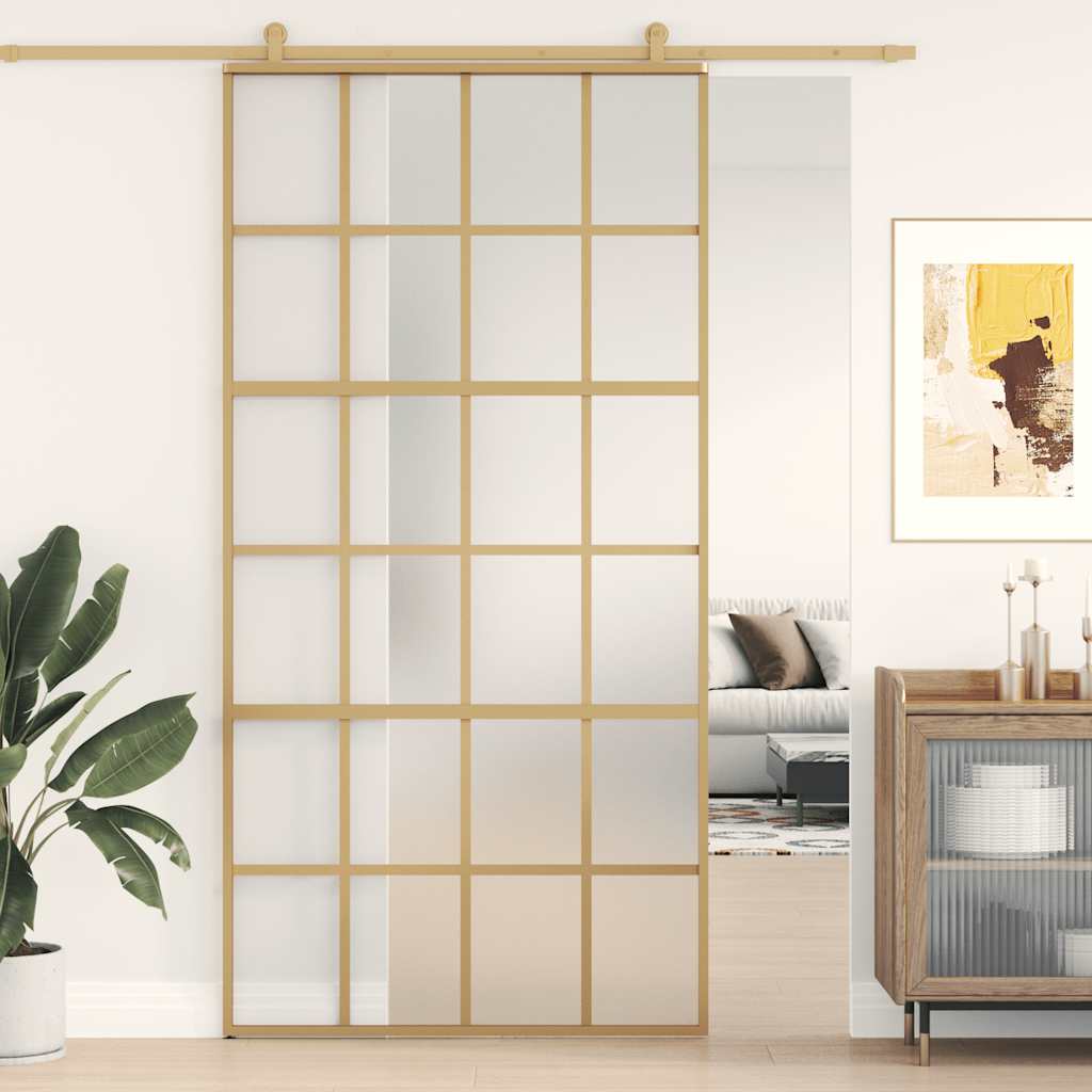 Golden sliding door made of frosted ESG glass and aluminum 