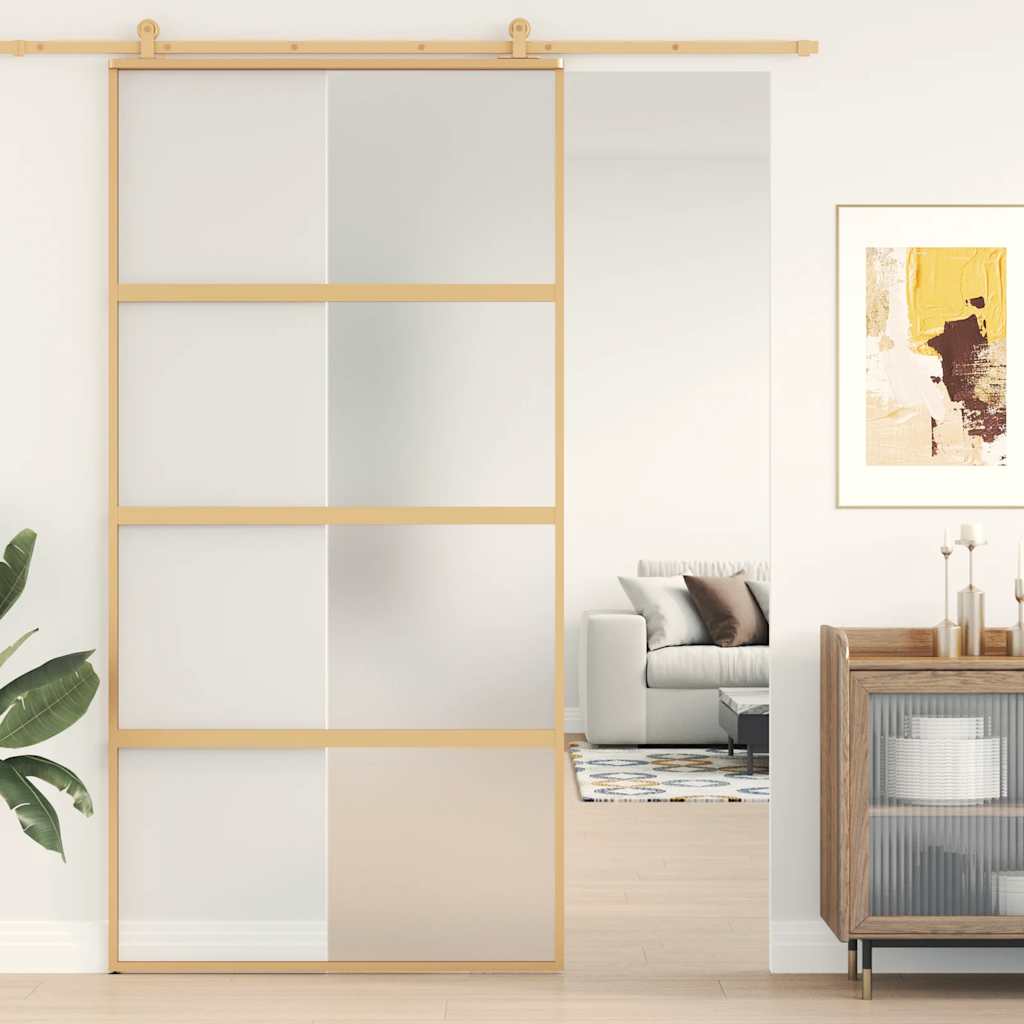 Golden sliding door made of frosted ESG glass and aluminum 