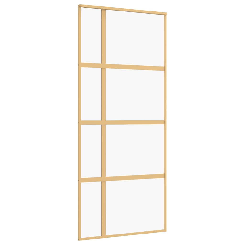 Golden sliding door made of transparent ESG glass and aluminum 
